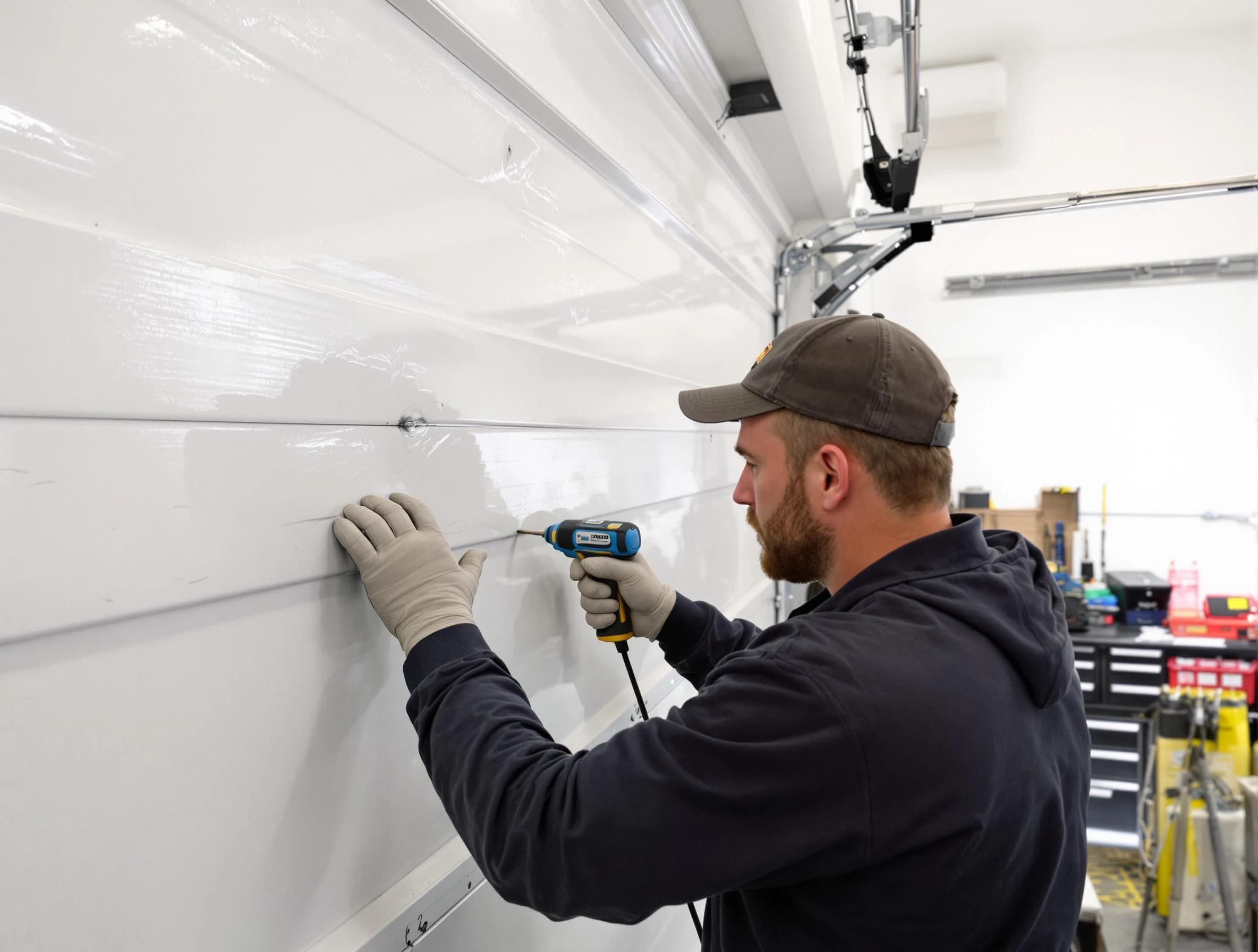 Oak Hill Garage Door Repair technician demonstrating precision dent removal techniques on a Oak Hill garage door